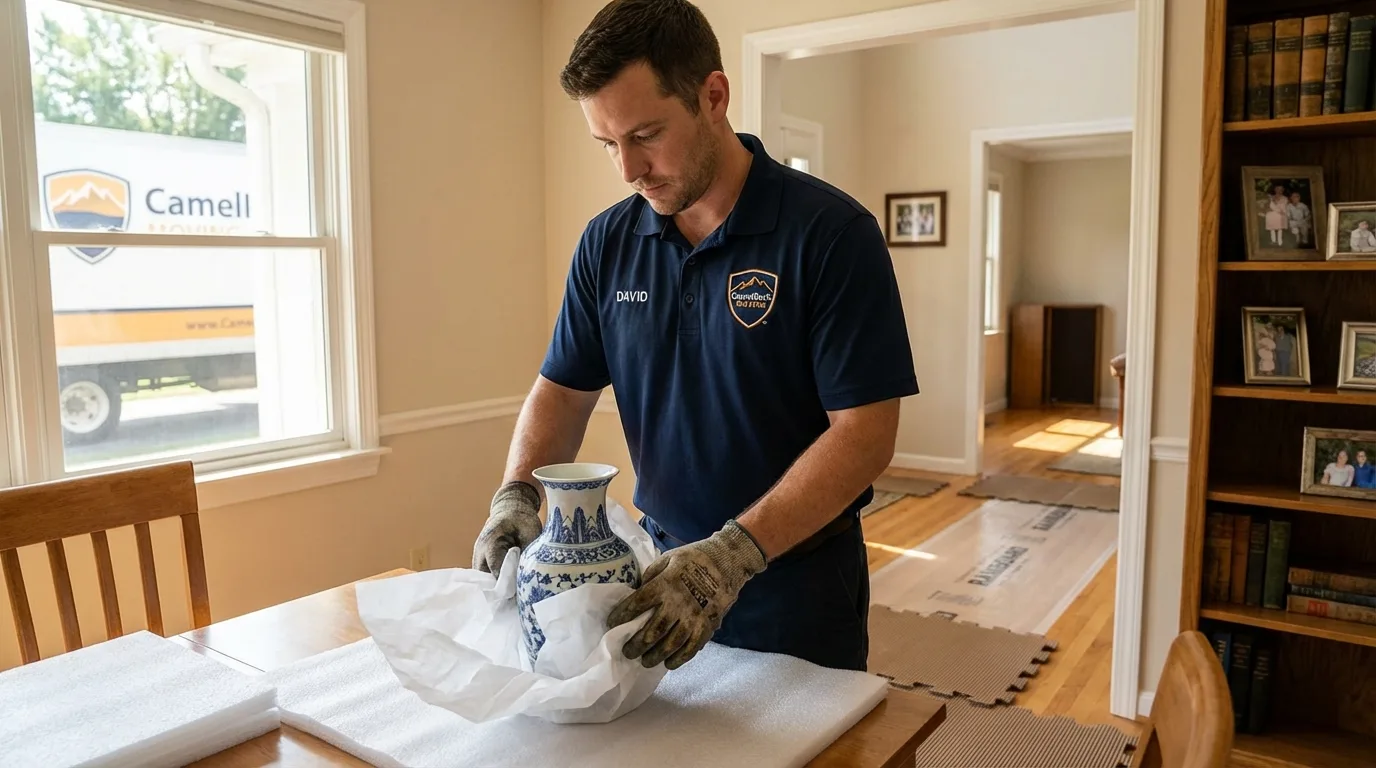 Professional crew carefully wrapping antique vase for senior downsizing move in Rutledge, TN